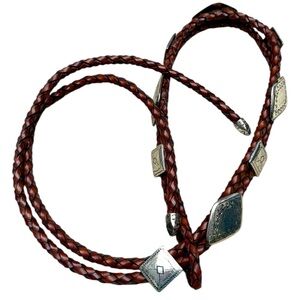 Vintage Braided Brown Leather Silver Concho Belt Western Bolo Style Rope Belt